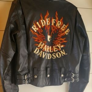 Harley Davidson Leather vintage flames Ridefree moto motorcycle jacket